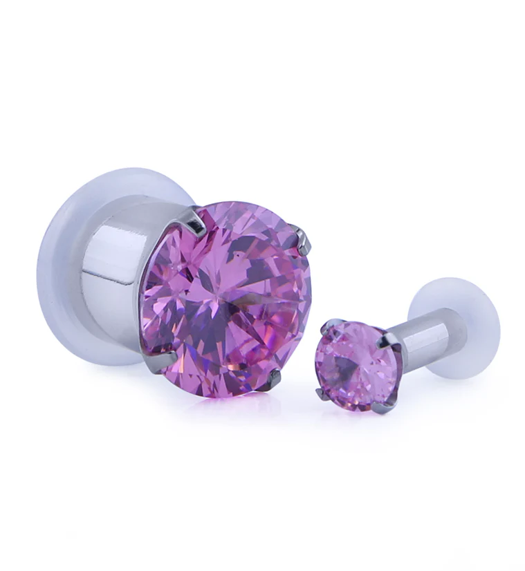 Pink CZ Stainless Steel Single Flare Plugs - Image 3