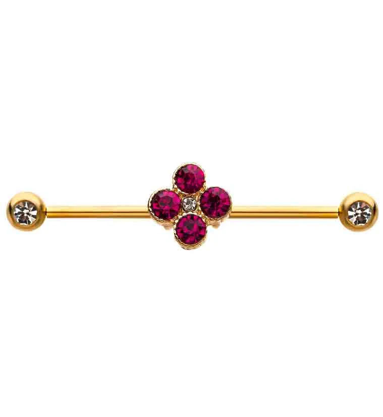 Pink CZ Cluster Gem Gold Industrial Barbell
