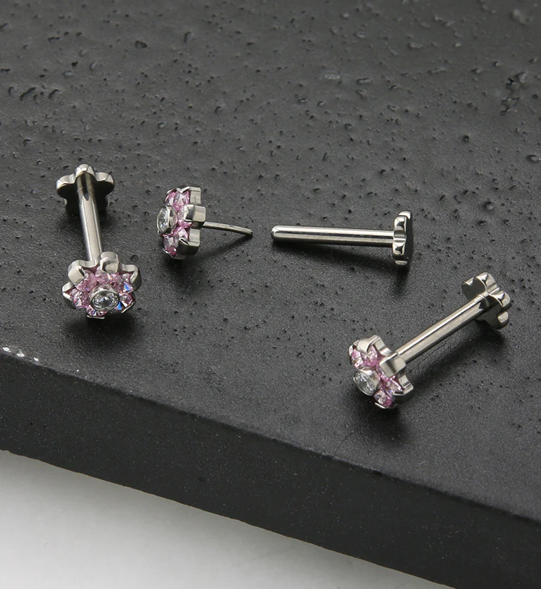 Pink CZ Flower Titanium Threadless Labret - Image 2