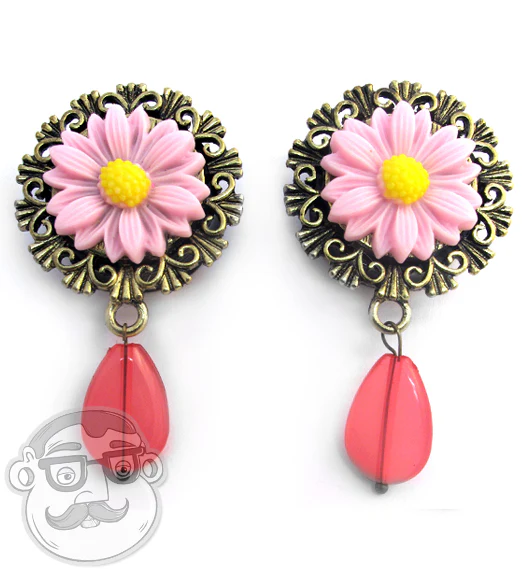 Pink Daisy Flower Dangle Plugs - Image 2