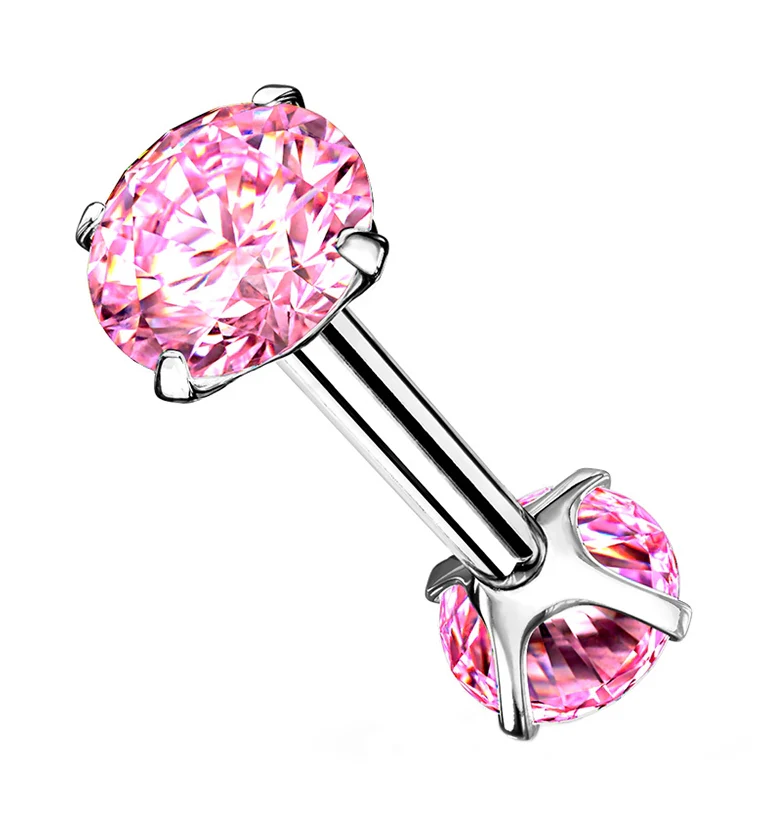 Pink Double Round CZ Prong Set Stainless Steel Barbell