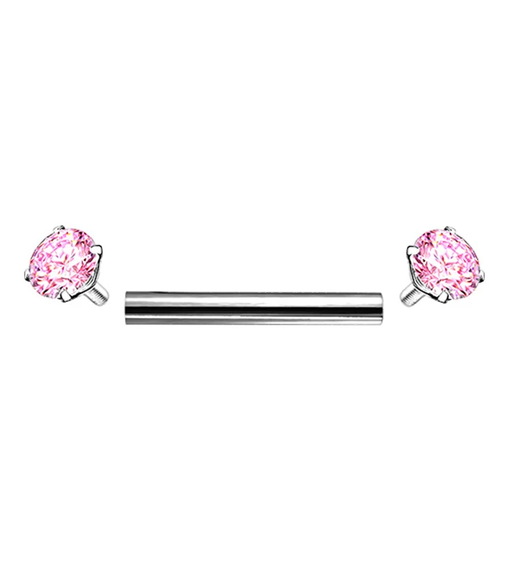 Pink Double Round CZ Prong Set Stainless Steel Barbell - Image 2