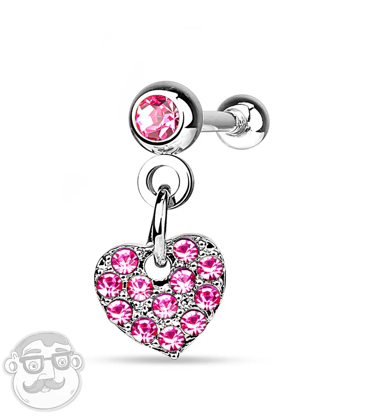 Pink Heart CZ Dangle Steel Tragus - Cartilage Barbell