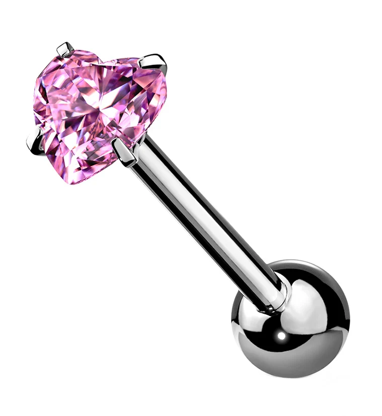 Pink Heart CZ Prong Set Stainless Steel Barbell