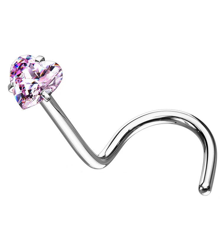 Pink Heart CZ Stainless Steel Nose Screw