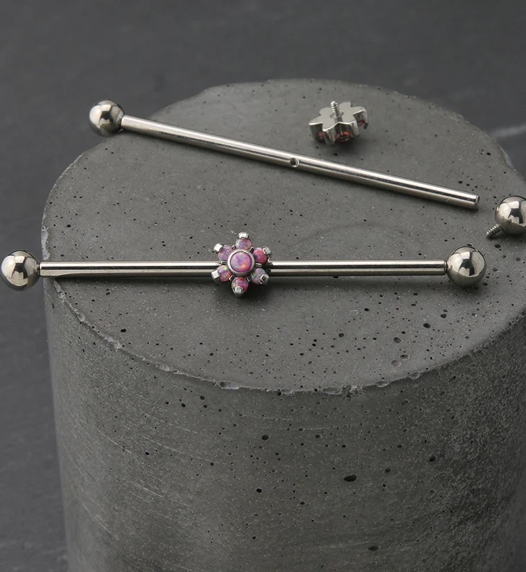 Pink Opalite Flower Titanium Industrial Barbell - Image 2