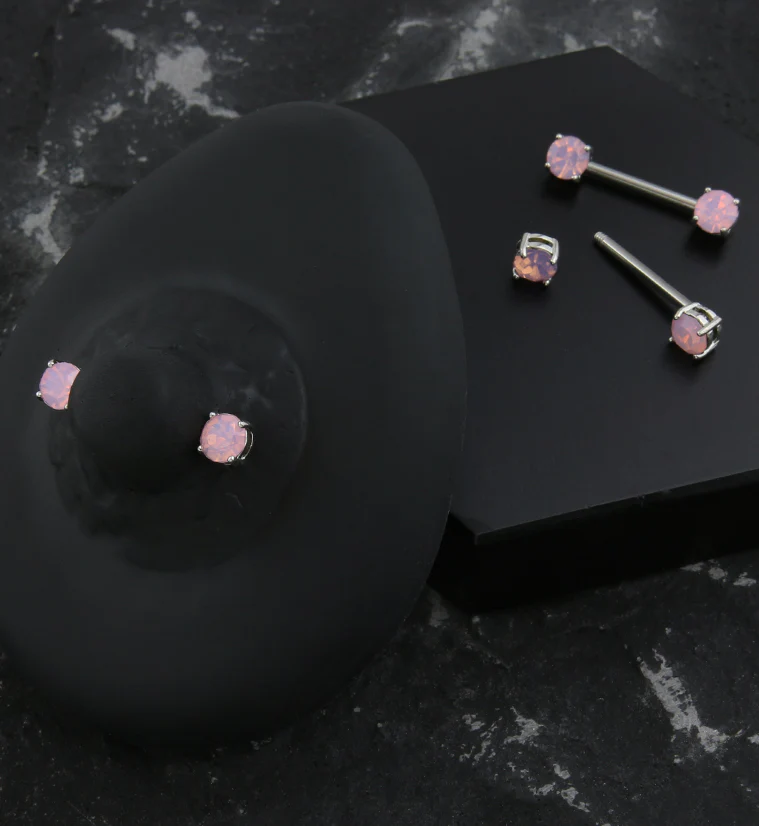 Pink Opalite Prong Stainless Steel Nipple Barbell - Image 2
