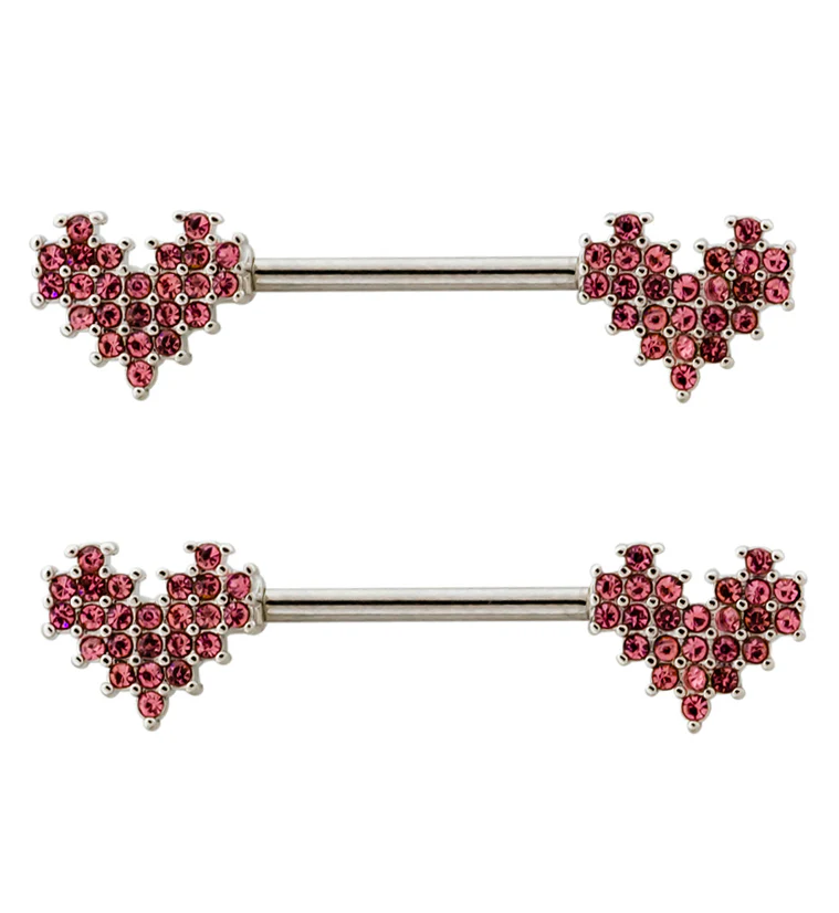 Pink Pixel CZ Hearts Stainless Steel Nipple Barbell