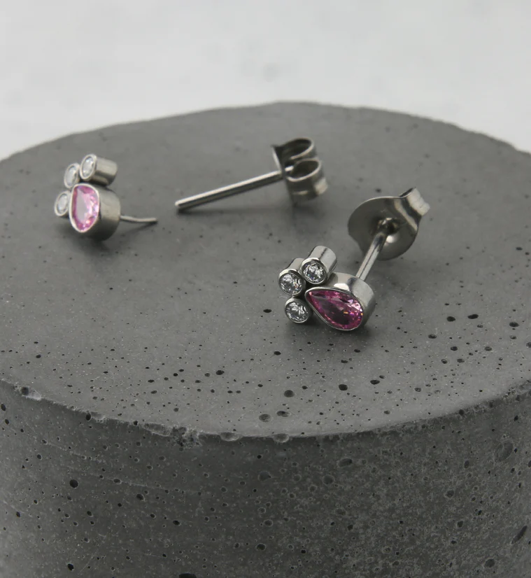 Pink Teardrop Cluster CZ Titanium Threadless Earrings - Image 2