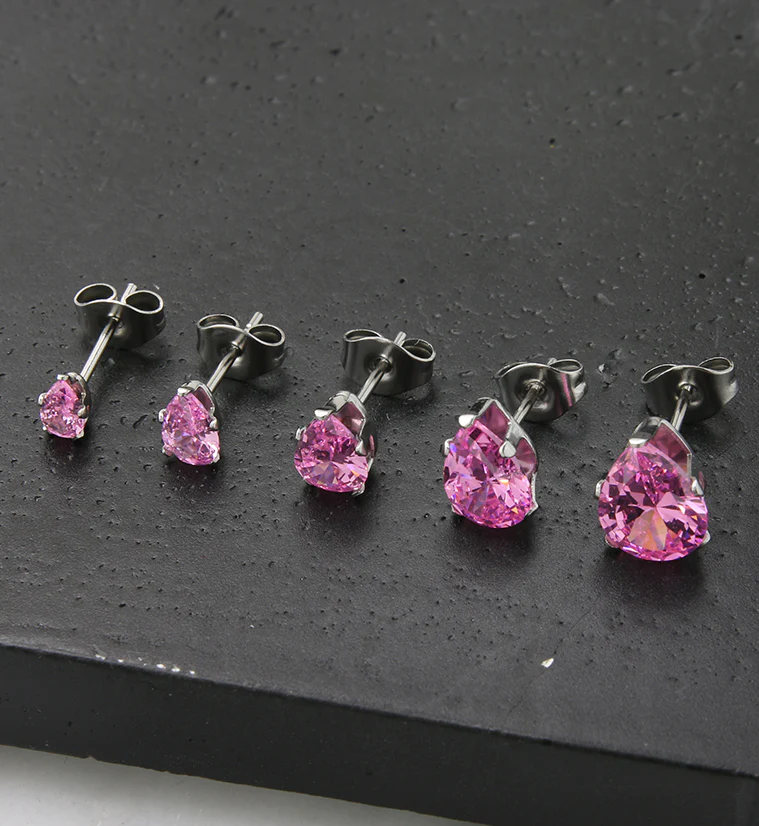 Pink Teardrop CZ Stainless Steel Earrings - Image 2