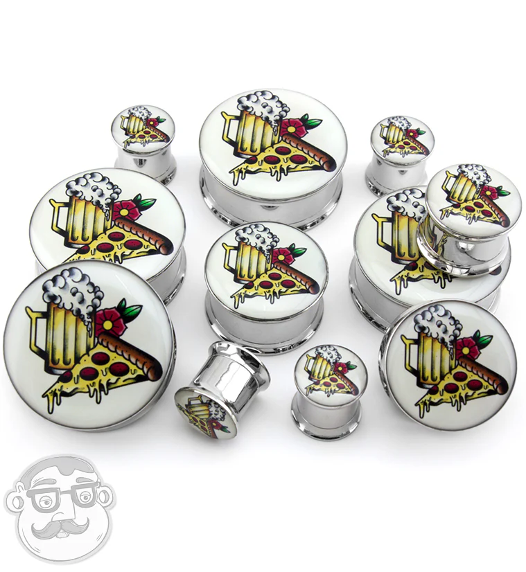 Pizza & Beer Tattoo Steel Plugs - Image 2