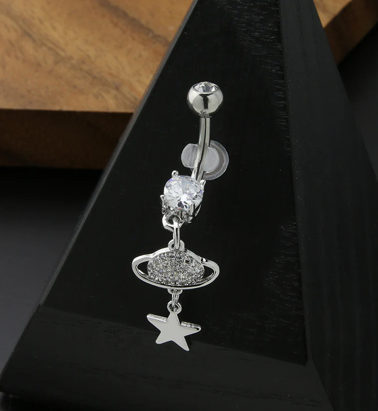 Planet Dangle Star Clear CZ Stainless Steel Belly Button Ring - Image 2
