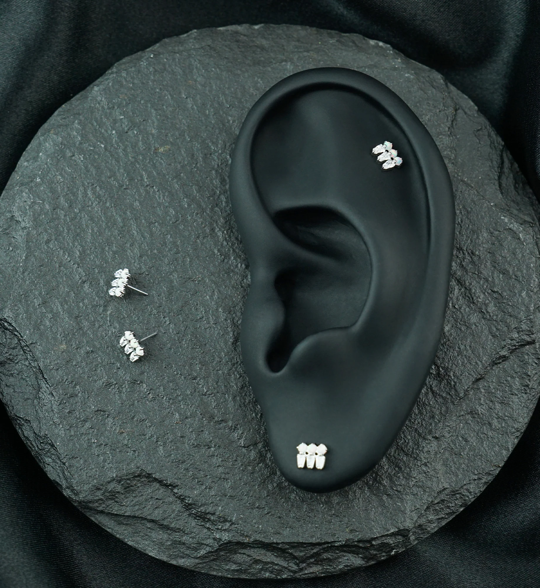 Platinum PVD Triple White Opalite and Clear CZ Cluster Titanium Threadless Top - Image 2
