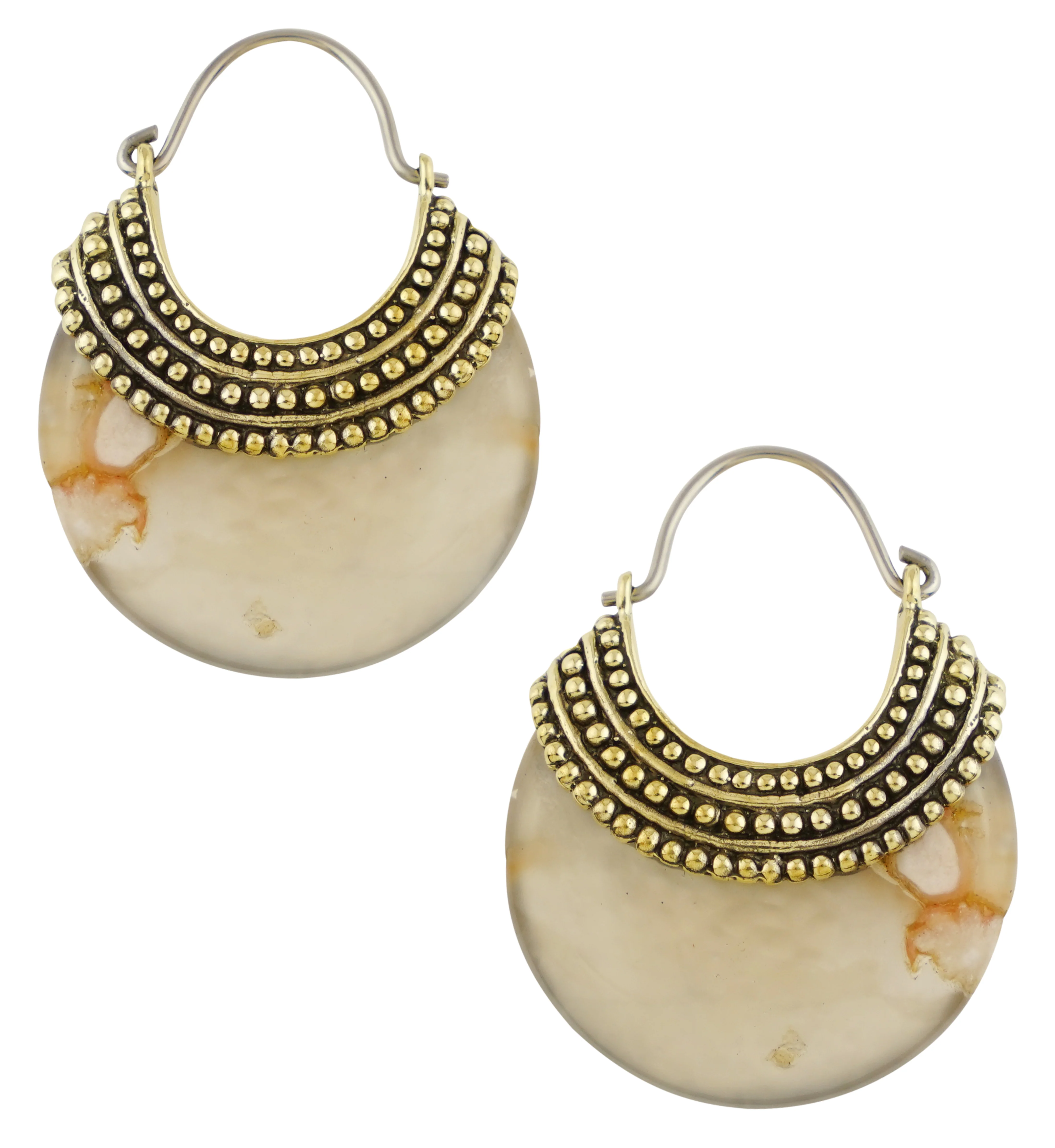 Plume Agate Beaded Brass Stone Earrings - Image 3