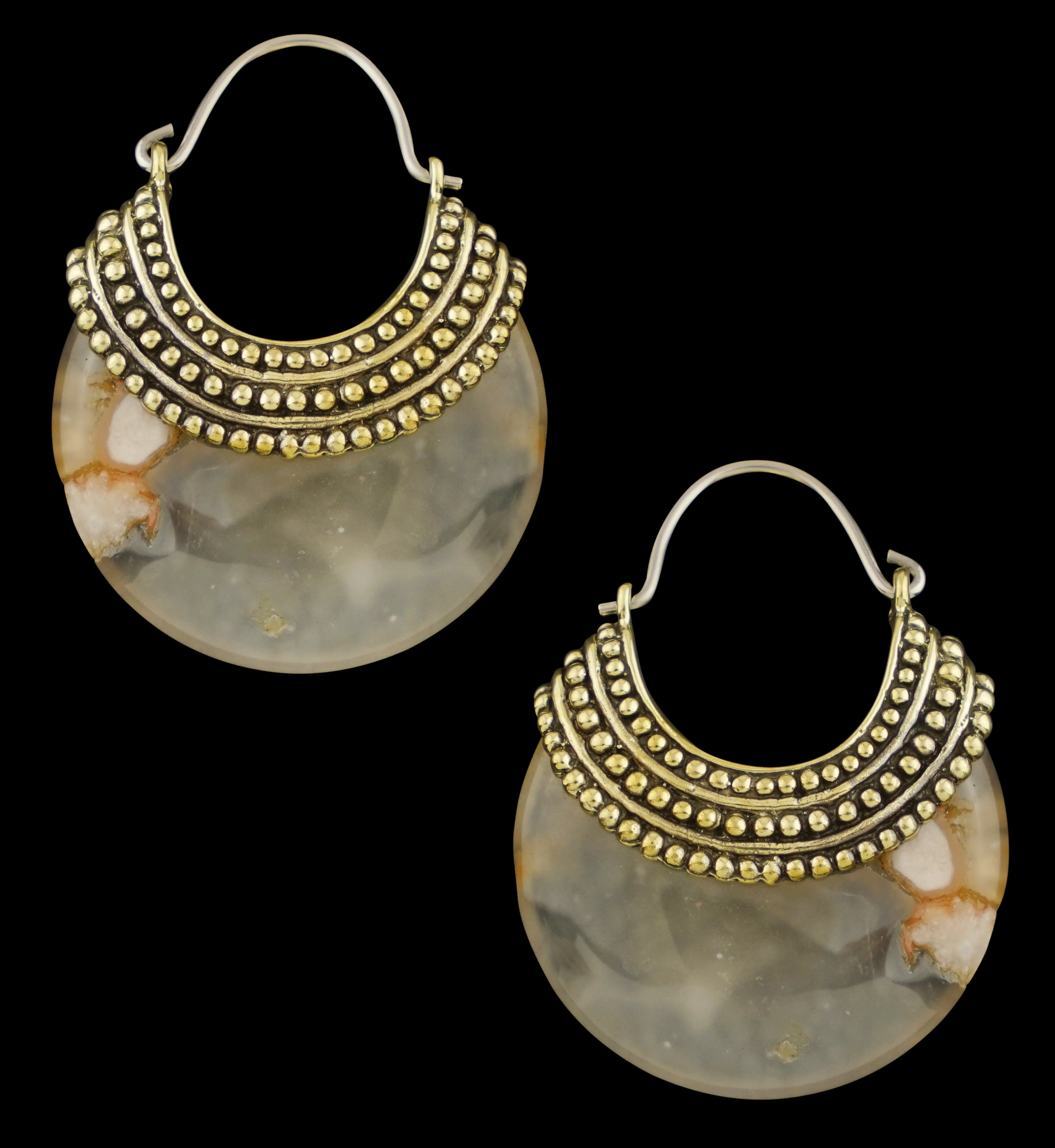 Plume Agate Beaded Brass Stone Earrings - Image 5
