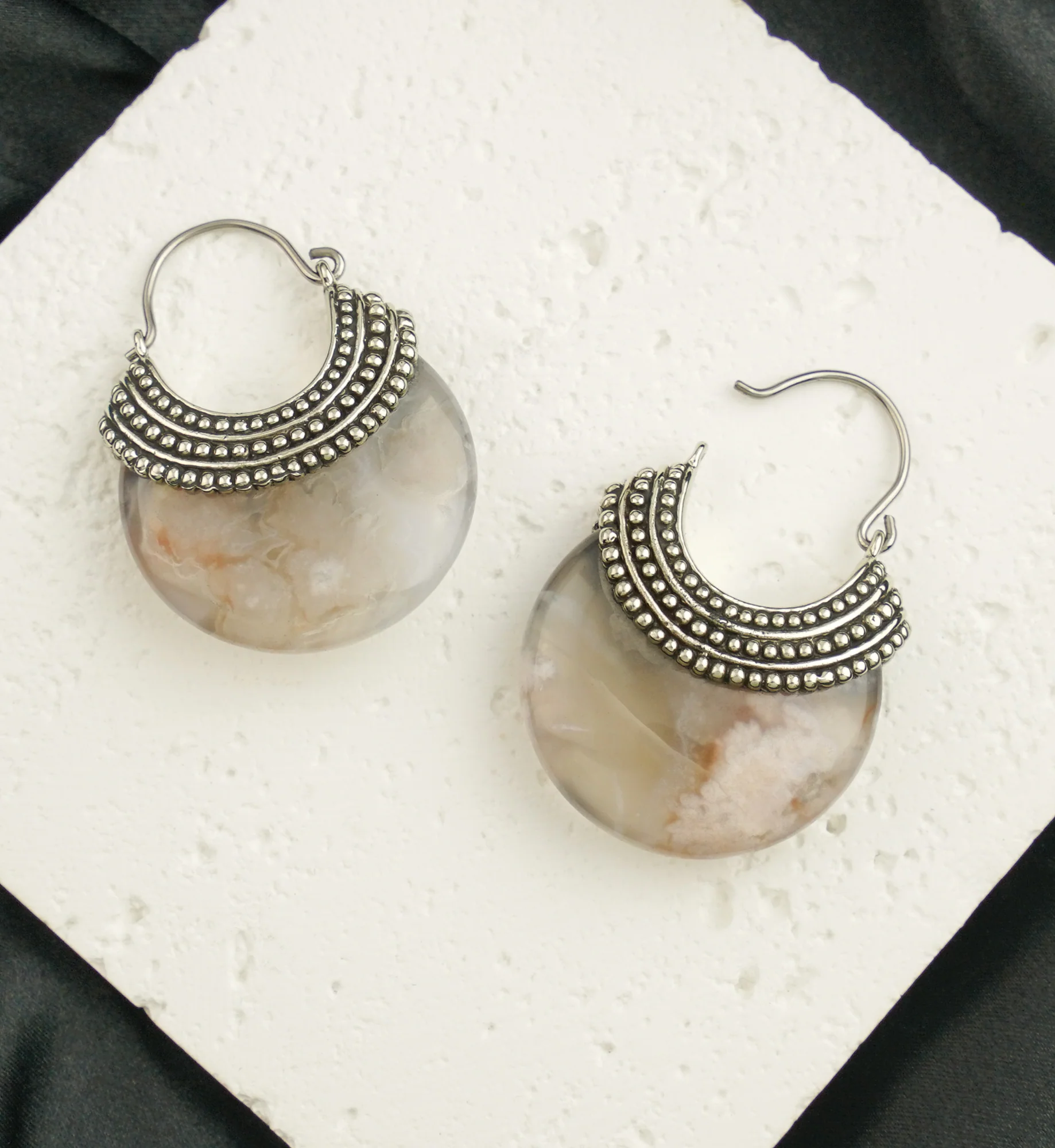 Plume Agate Beaded White Brass Stone Earrings - Image 2