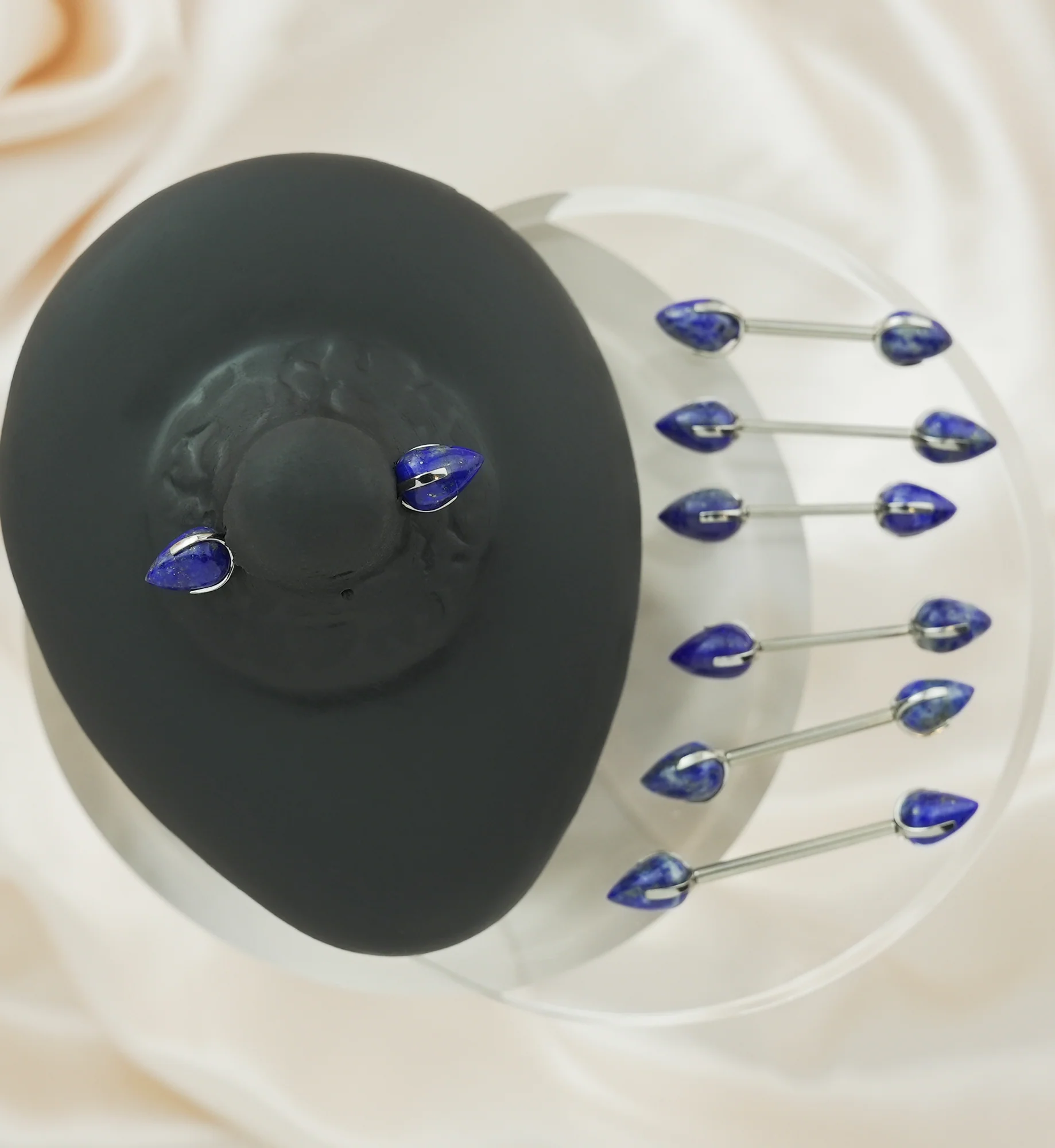 Point Lapis Lazuli Stone Threadless Titanium Nipple Barbell - Image 2