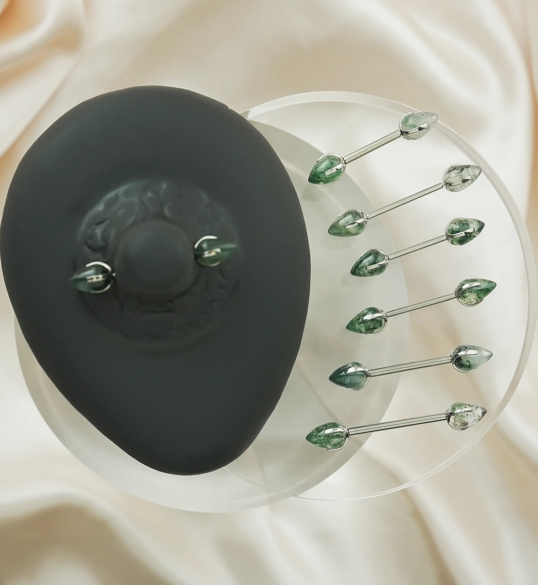 Point Moss Agate Stone Threadless Titanium Nipple Barbell - Image 2