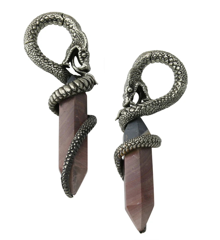Polychrome Jasper Stone Cobra White Brass Hinged Ear Weights - Image 2