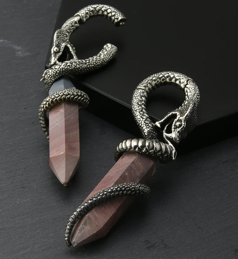 Polychrome Jasper Stone Cobra White Brass Hinged Ear Weights - Image 3