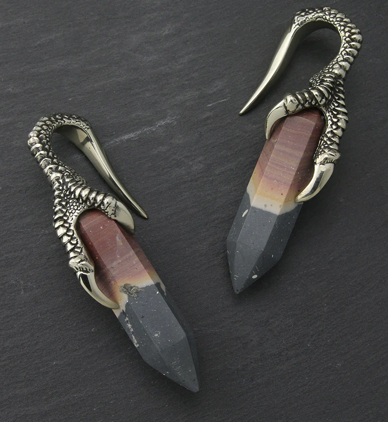 Polychrome Jasper Stone Raven Claw White Brass Ear Weights - Image 2
