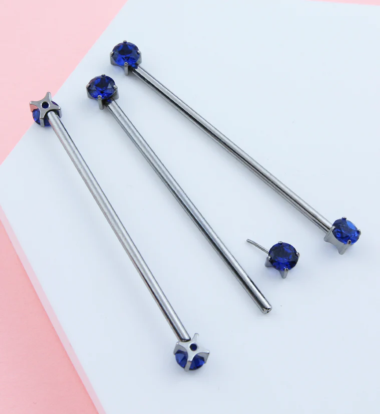 Prong Blue CZ Threadless Titanium Industrial Barbell - Image 2