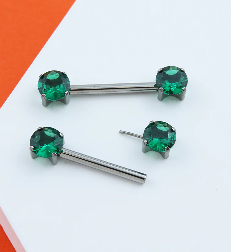 Prong Emerald CZ Threadless Titanium Nipple Barbells - Image 2