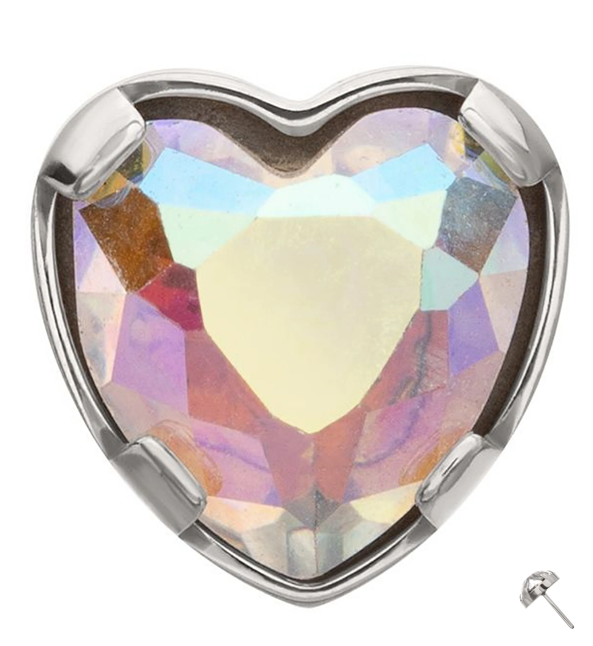 Prong Set Rainbow Aurora Heart CZ Titanium Threadless Top