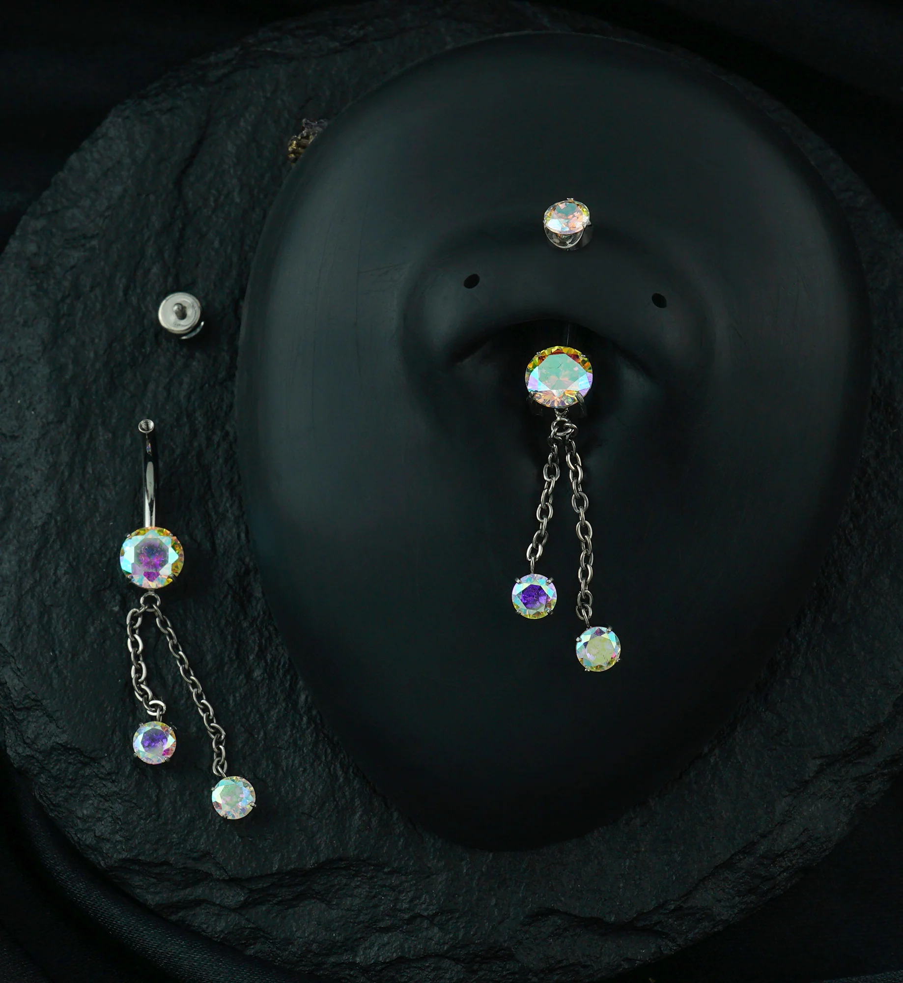 Prong Rainbow Aurora CZ Double Dangle Chain Titanium Internally Threaded Belly Button Ring - Image 2
