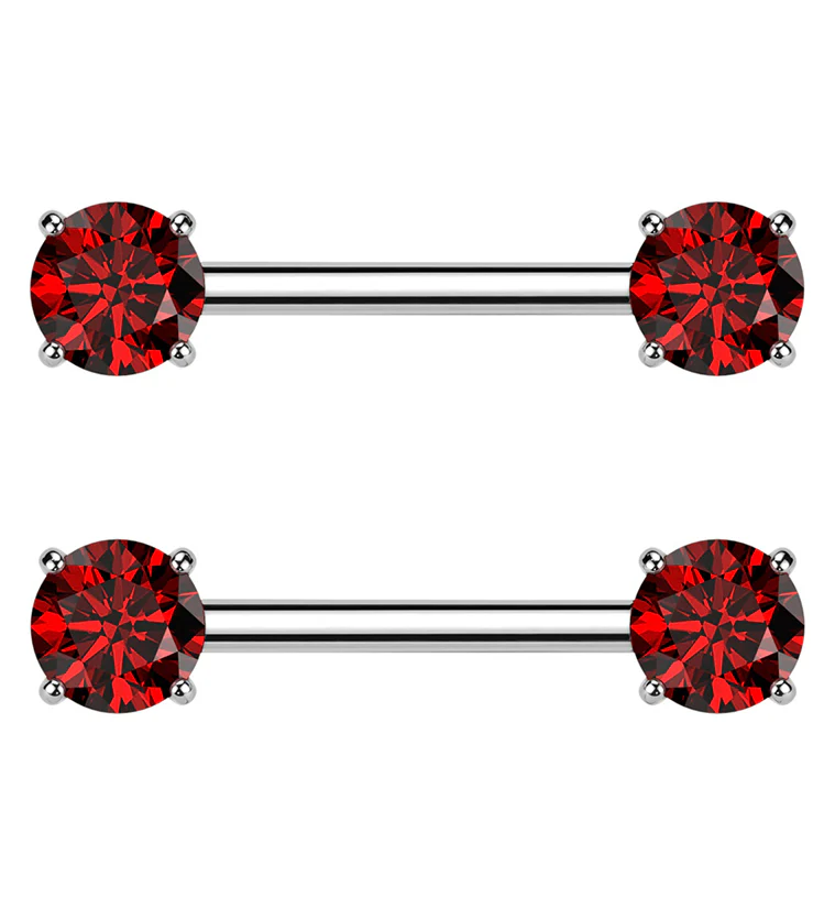 Prong Red CZ Threadless Titanium Nipple Barbells