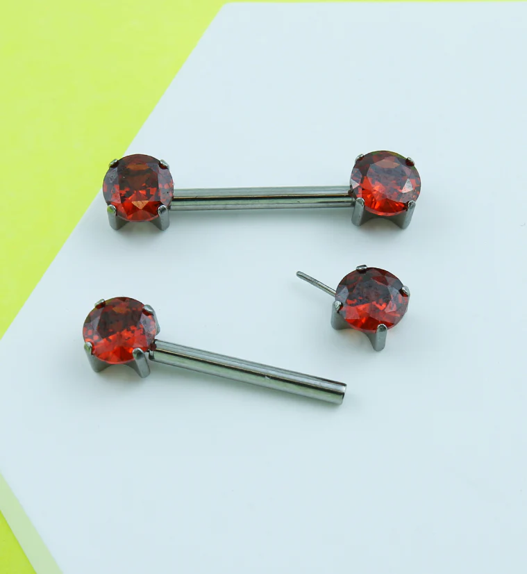 Prong Red CZ Threadless Titanium Nipple Barbells - Image 2