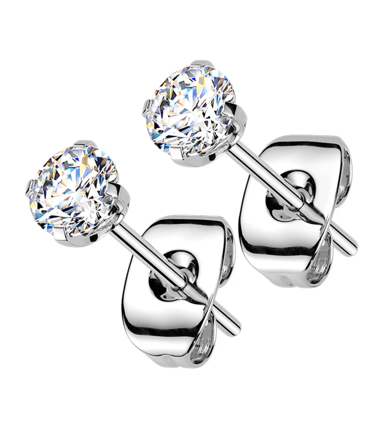 Prong Set Clear CZ Titanium Butterfly Back Earrings
