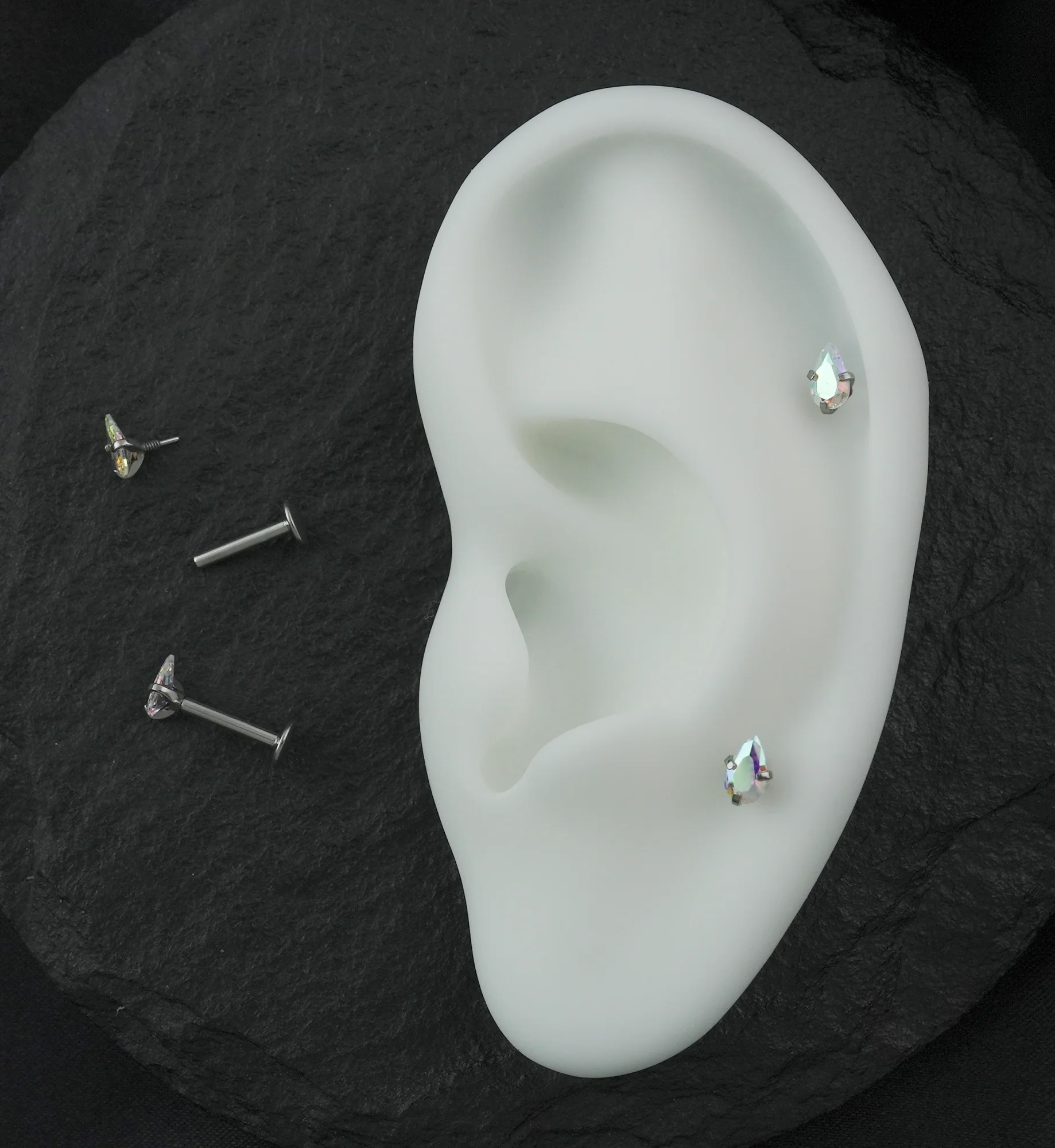 Prong Teardrop Rainbow Aurora CZ Internally Threaded Titanium Convex Back Labret - Image 2