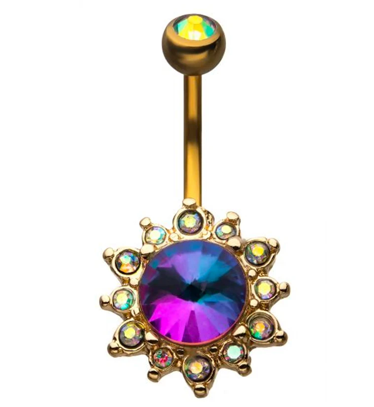 Pink Aurora Flower CZ Gold Belly Ring
