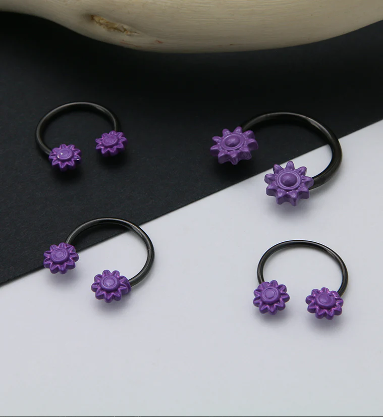 Purple Flower Black PVD Stainless Steel Circular Barbell - Image 3