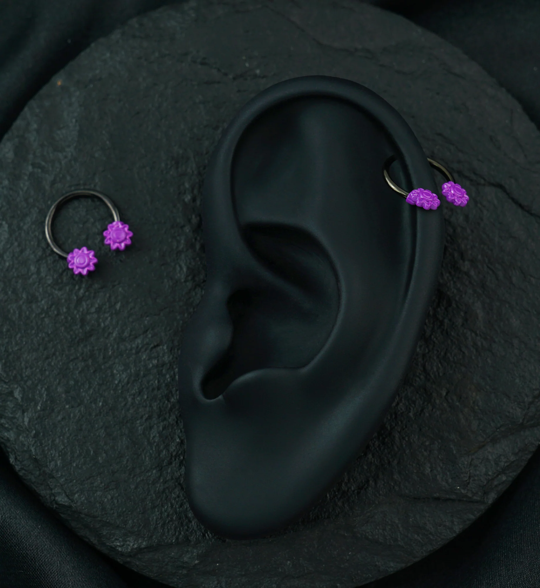 Purple Flower Black PVD Stainless Steel Circular Barbell - Image 4