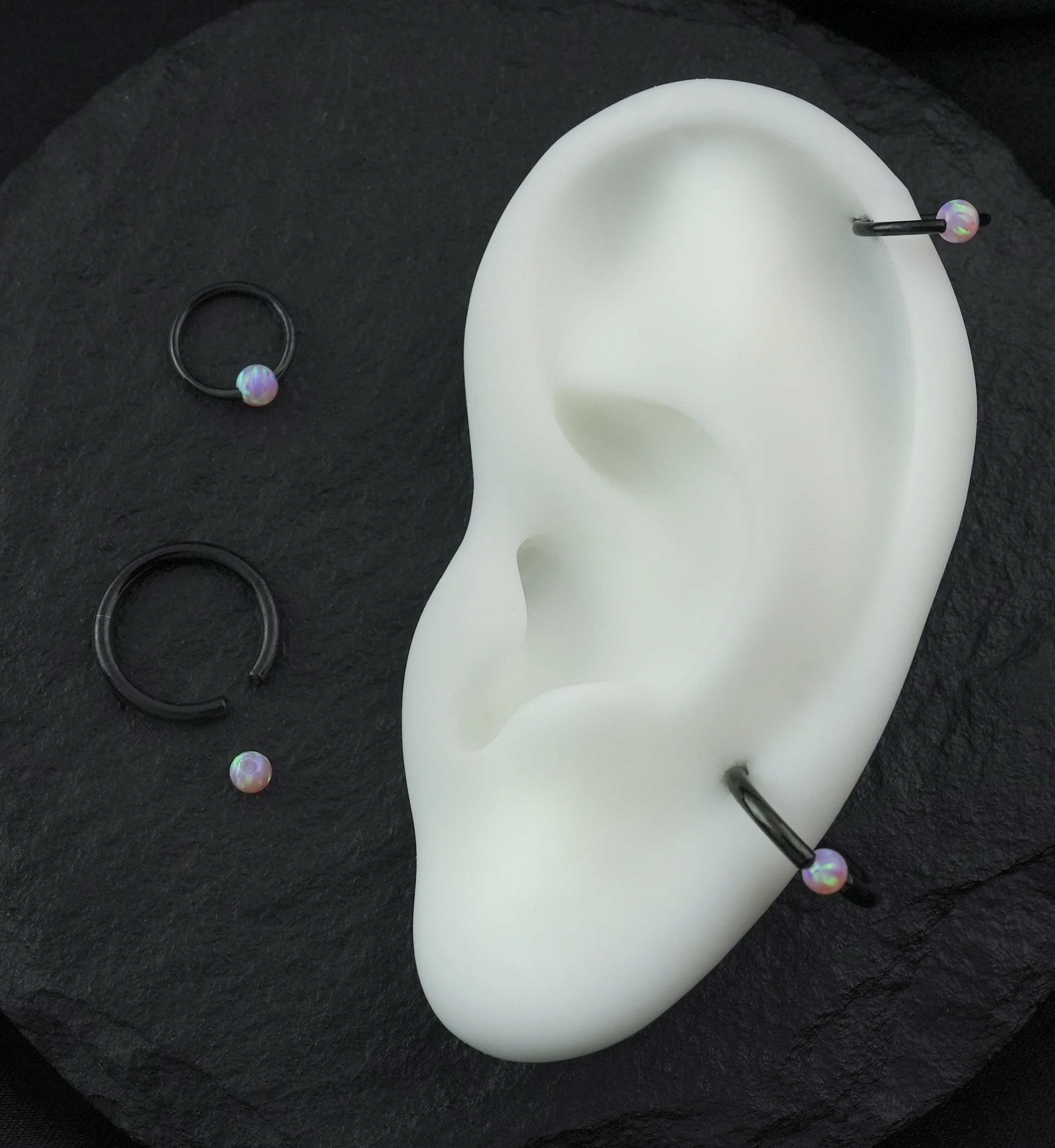 Black PVD Captive Ring With Pink Opalite Bead - Image 2