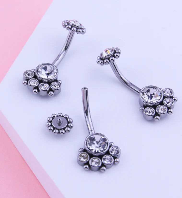 Quinary Clear CZ Beaded Top Internally Threaded Stainless Steel Belly Button Ring - Image 2