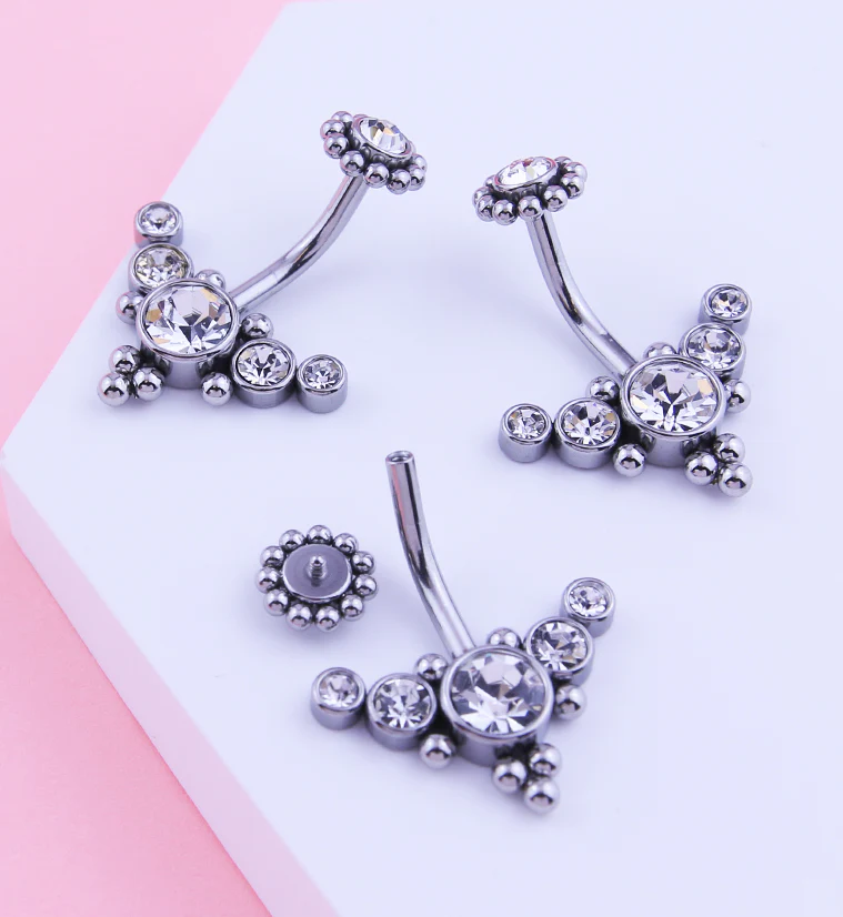 Quinary Curve Clear CZ Beaded Top Internally Threaded Stainless Steel Belly Button Ring - Image 2