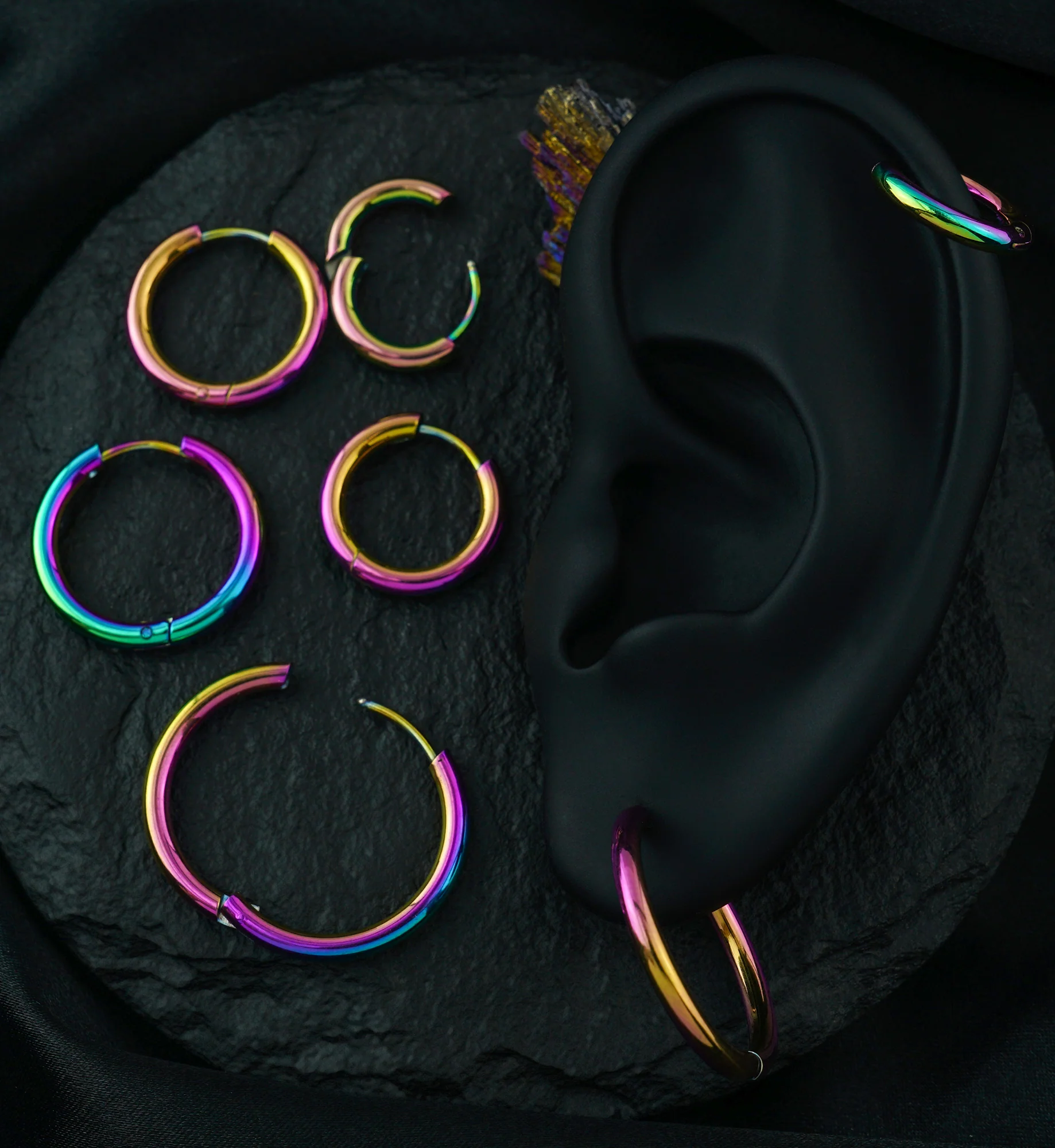 Rainbow Anodized Stainless Steel Hinged Hoop Earrings - Image 2