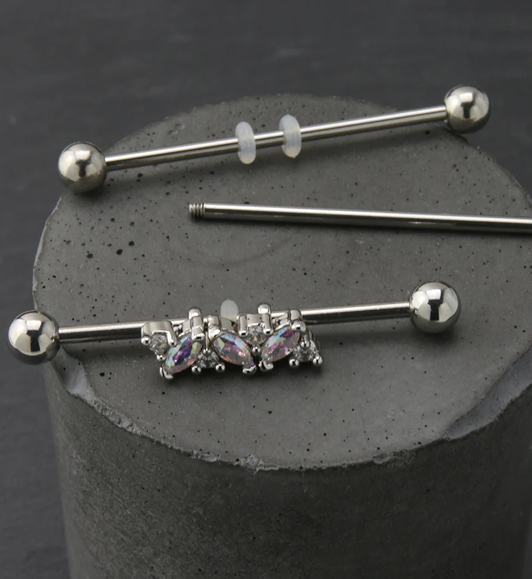 Rainbow Aurora And Clear CZ Industrial Barbell - Image 2