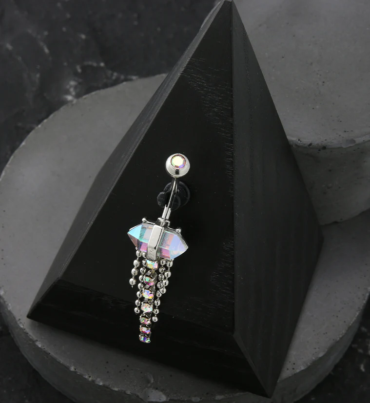 Rainbow Aurora Crystal Bead Chain Stainless Steel Belly Button Ring - Image 2