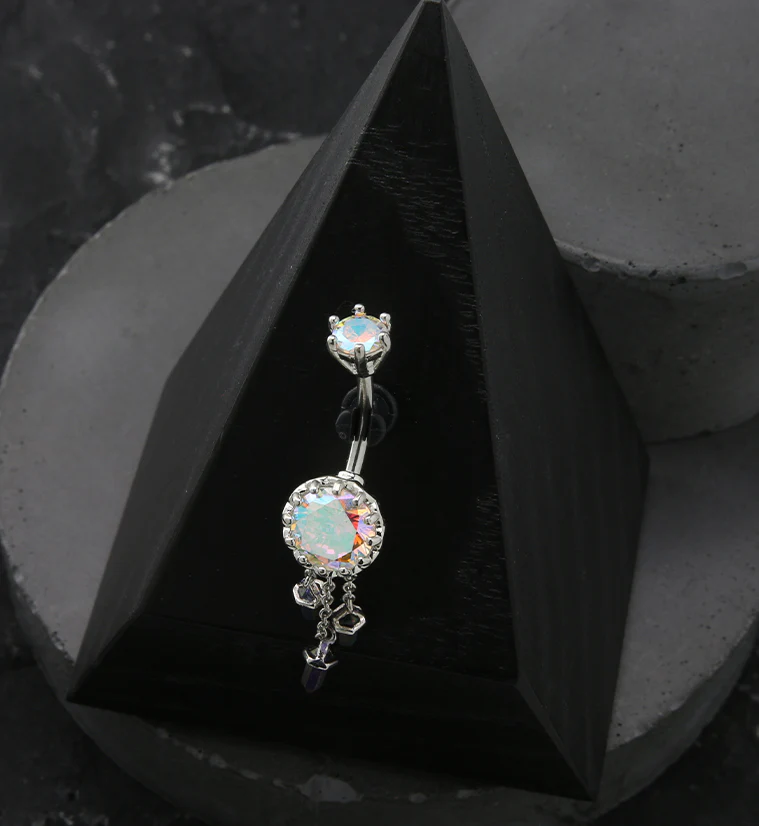 Rainbow Aurora Crystal Dangle Stainless Steel Belly Button Ring - Image 2