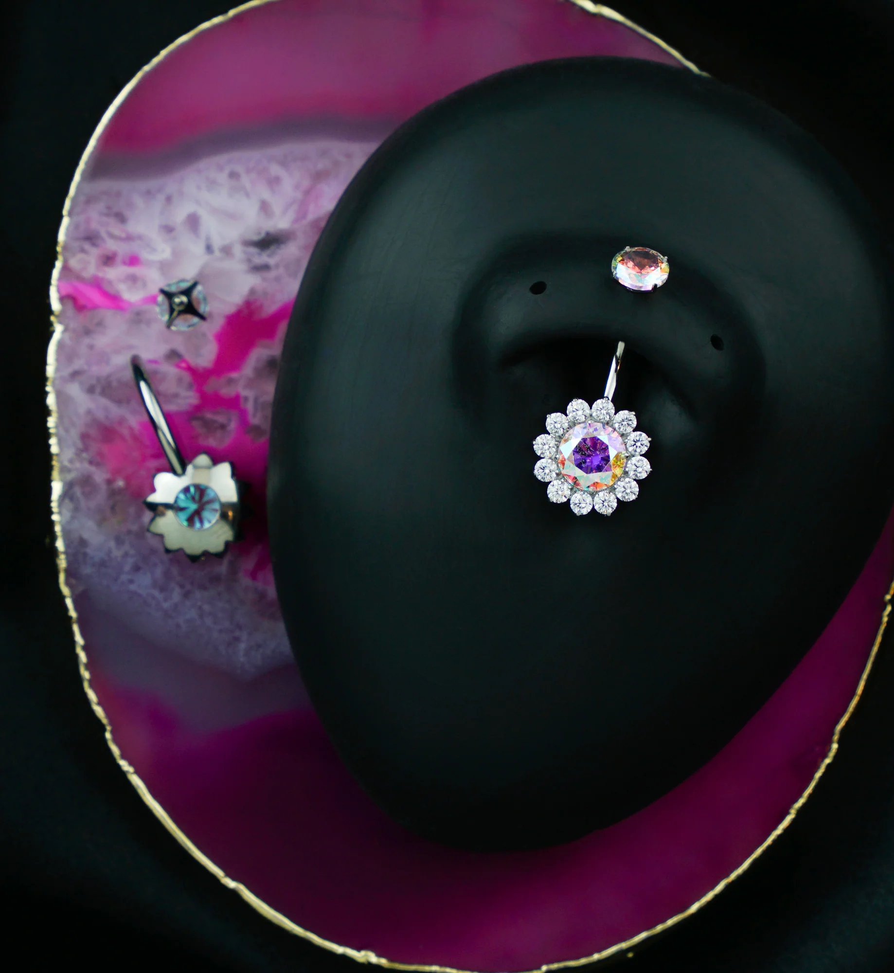 Rainbow Aurora CZ Bold Flower Titanium Internally Threaded Belly Button Ring - Image 2