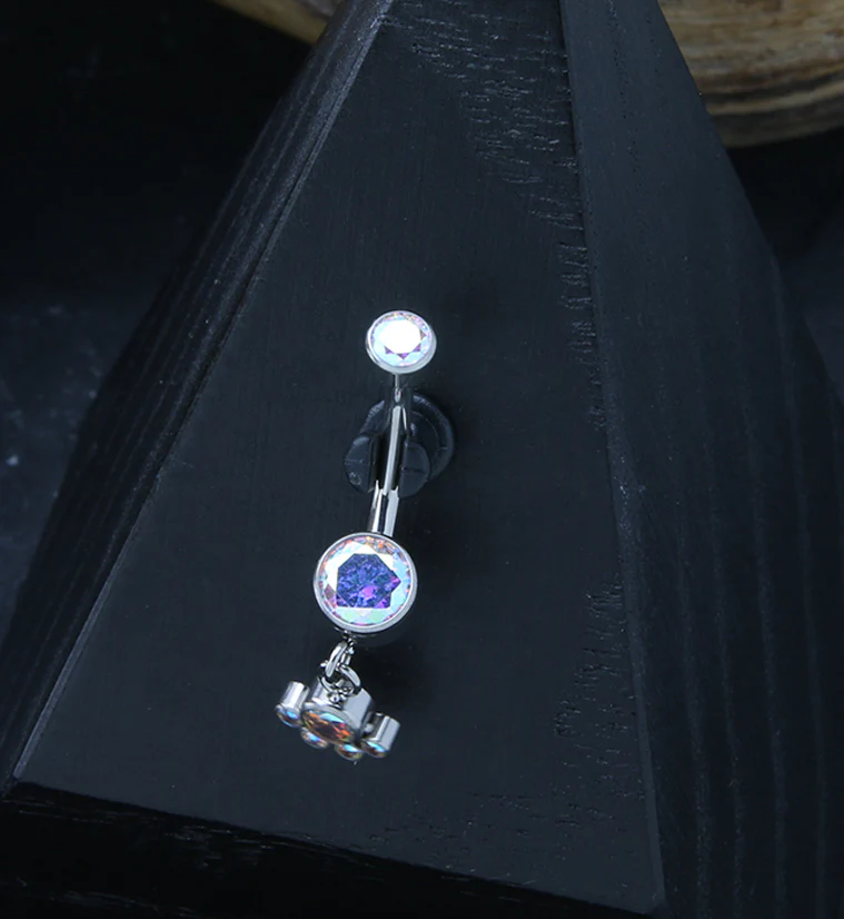 Rainbow Aurora CZ Dangle Charm Internally Threaded Titanium Belly Button Ring - Image 2