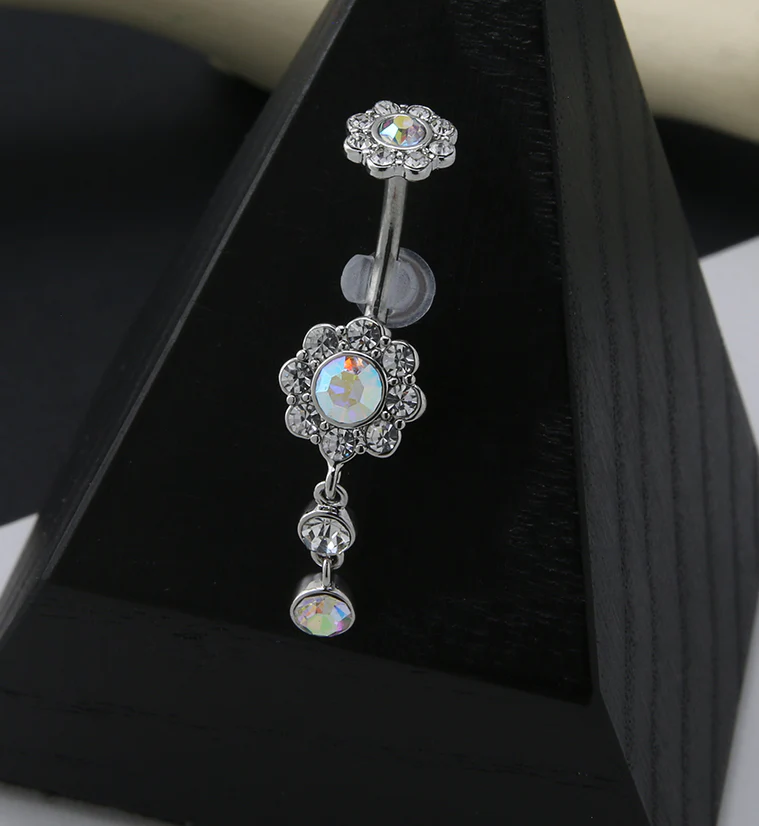 Rainbow Aurora CZ Dangle Flower Belly Button Ring - Image 2