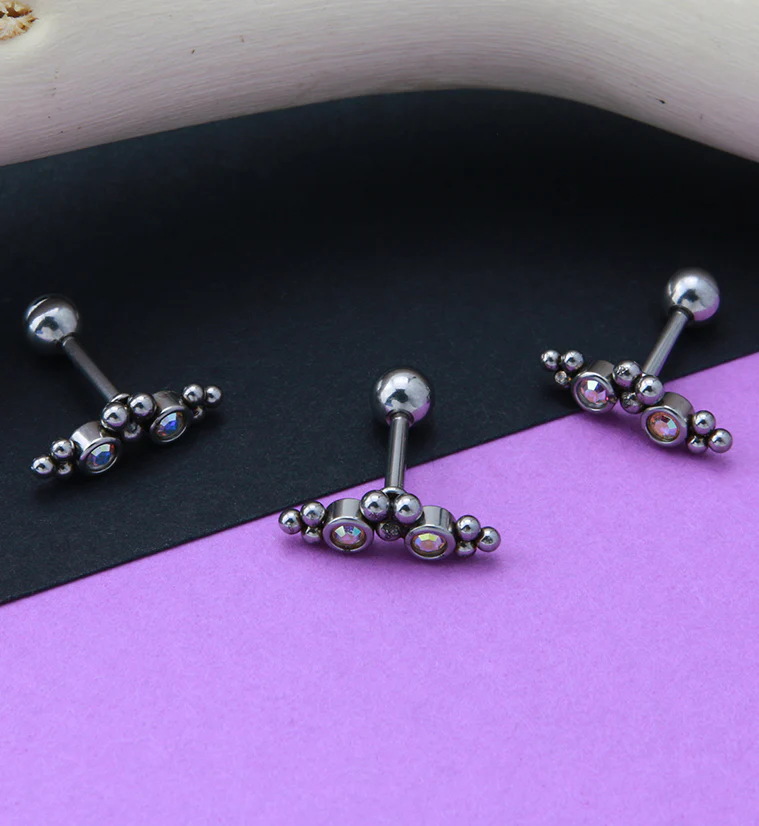 Rainbow Aurora Double CZ Gem Cluster Bead Cartilage Barbell - Image 2