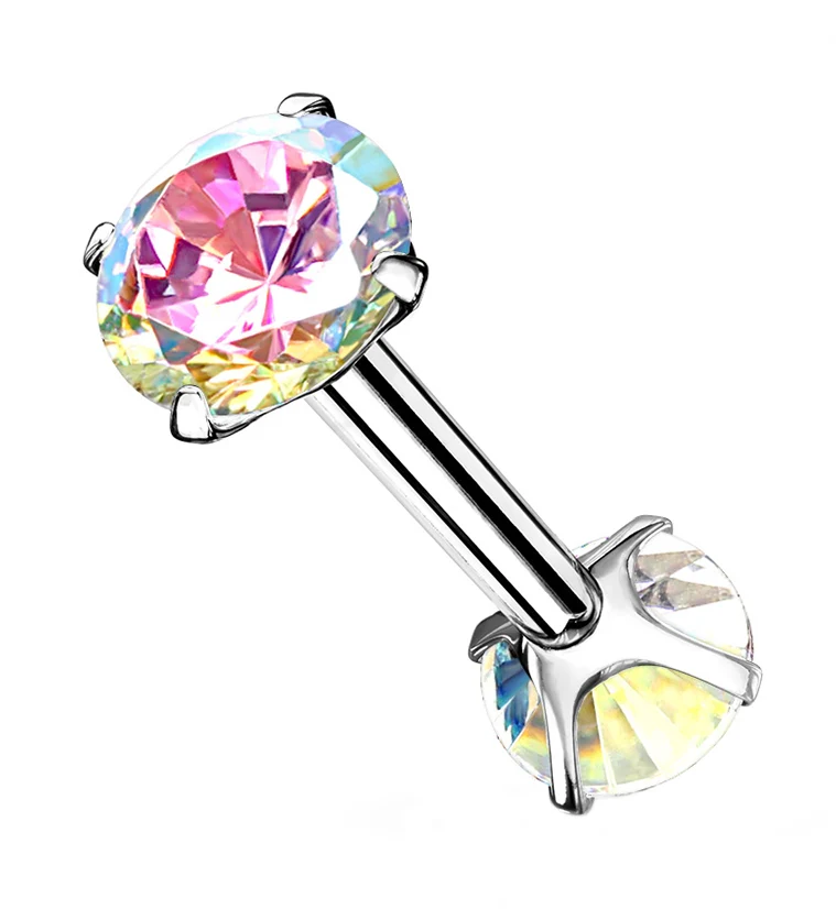 Rainbow Aurora Double Round CZ Prong Set Stainless Steel Barbell