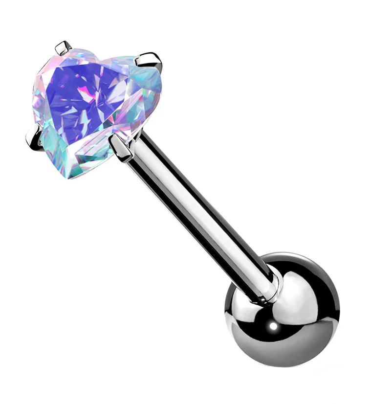 Rainbow Aurora Heart CZ Prong Set Stainless Steel Barbell