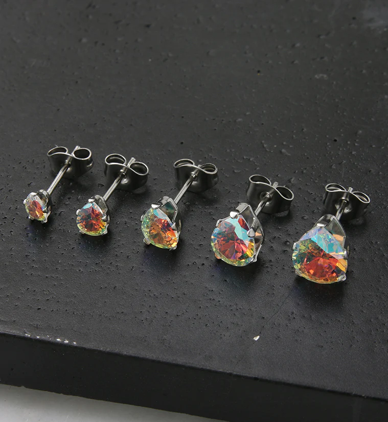 Rainbow Aurora Teardrop CZ Stainless Steel Earrings - Image 2
